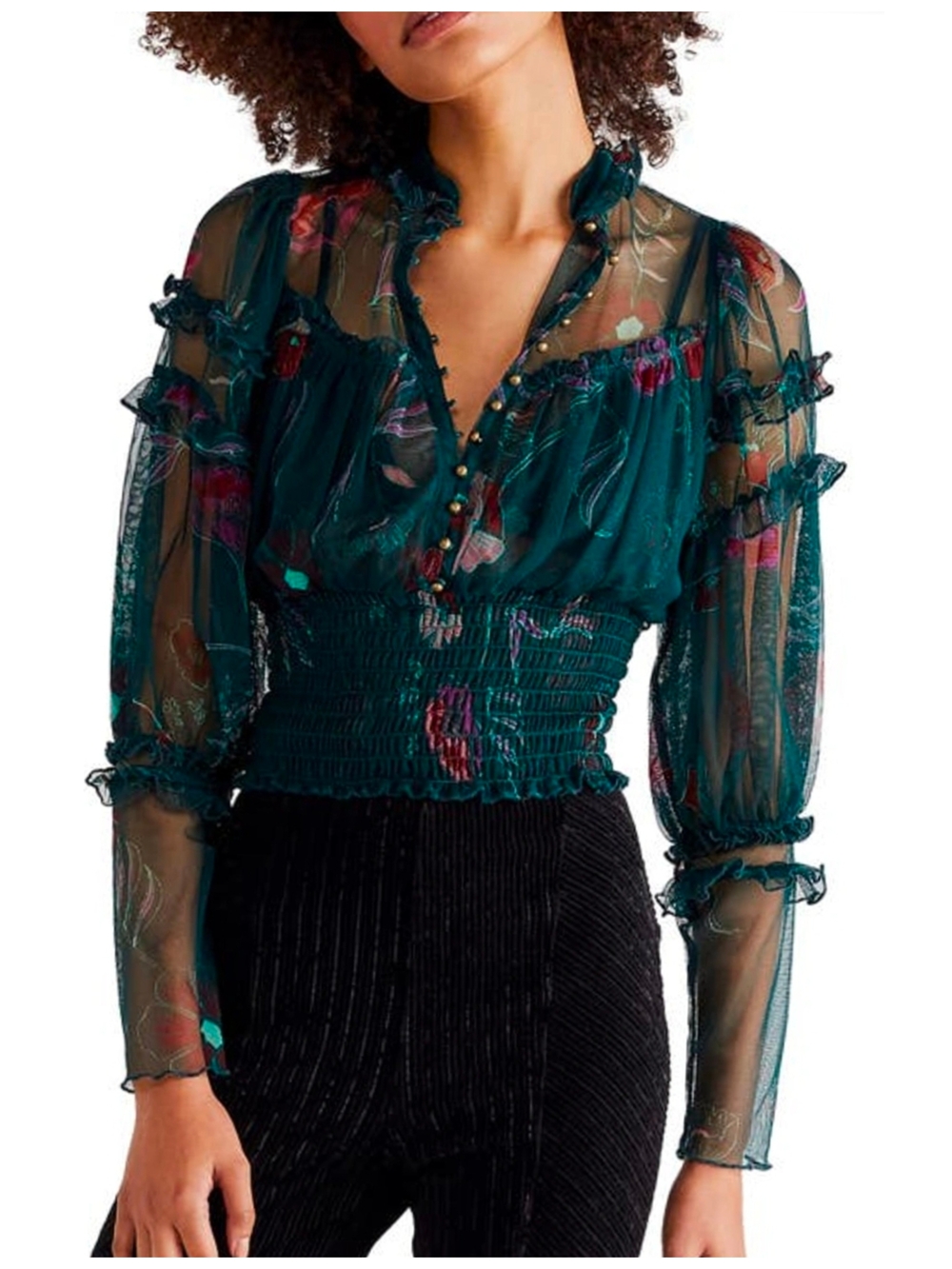 Free People Teal Floral Sheer Smocked Crop Top